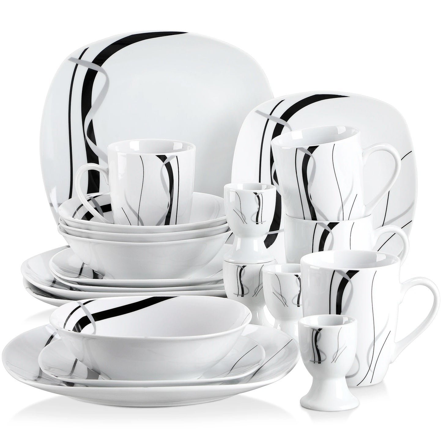 VEWEET FIONA 20/40 Piece Black Stripe Porcelain Dinner Kitchen Plate Combi-Set with Egg Cup/Mug/Bowl/Dessert Plate/Dinner Plate