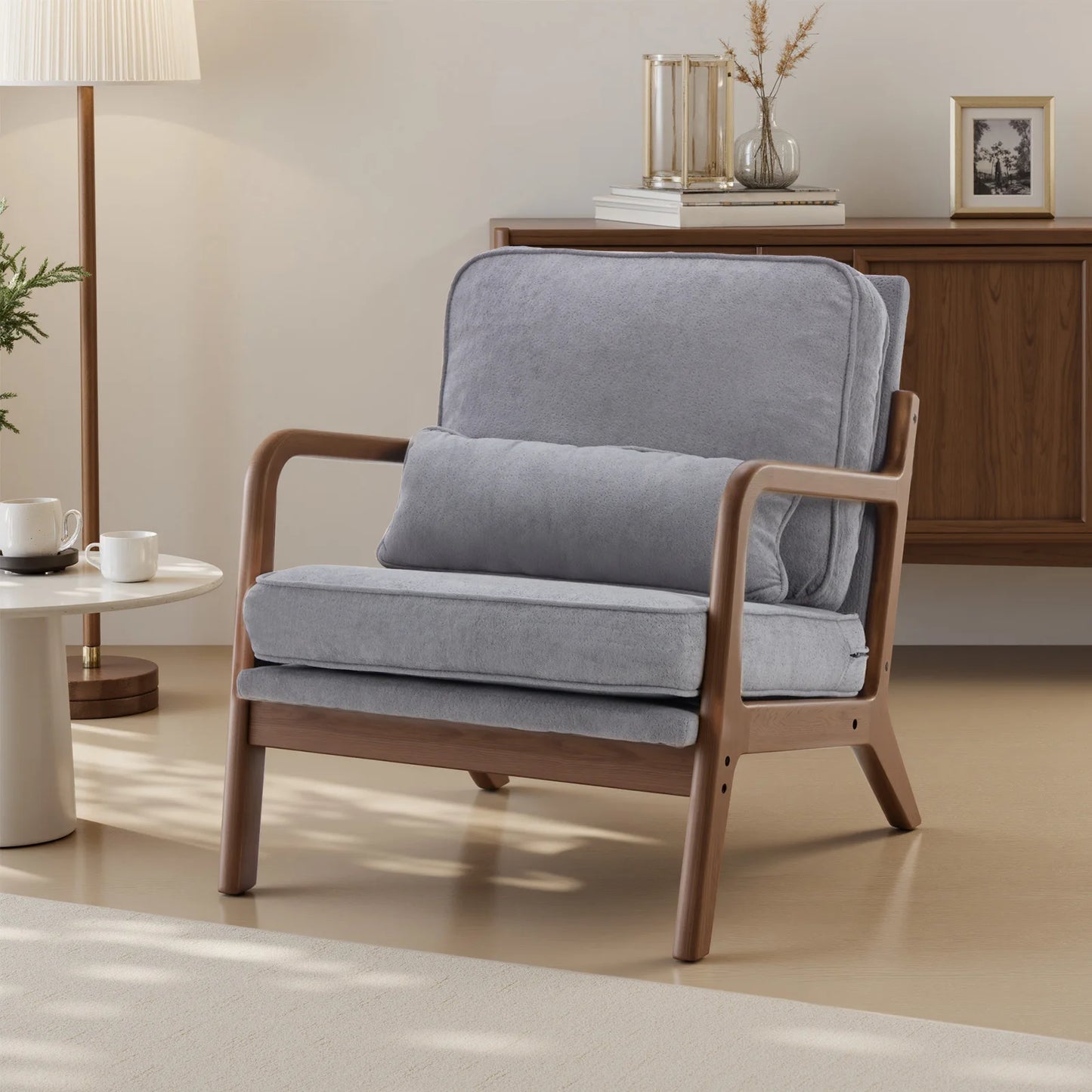 JHK Mid Century Modern Chair Solid Wooden Frame Accent Chair with Arms and Waist Cushion Reading Chairs for Adults Lounge Chair