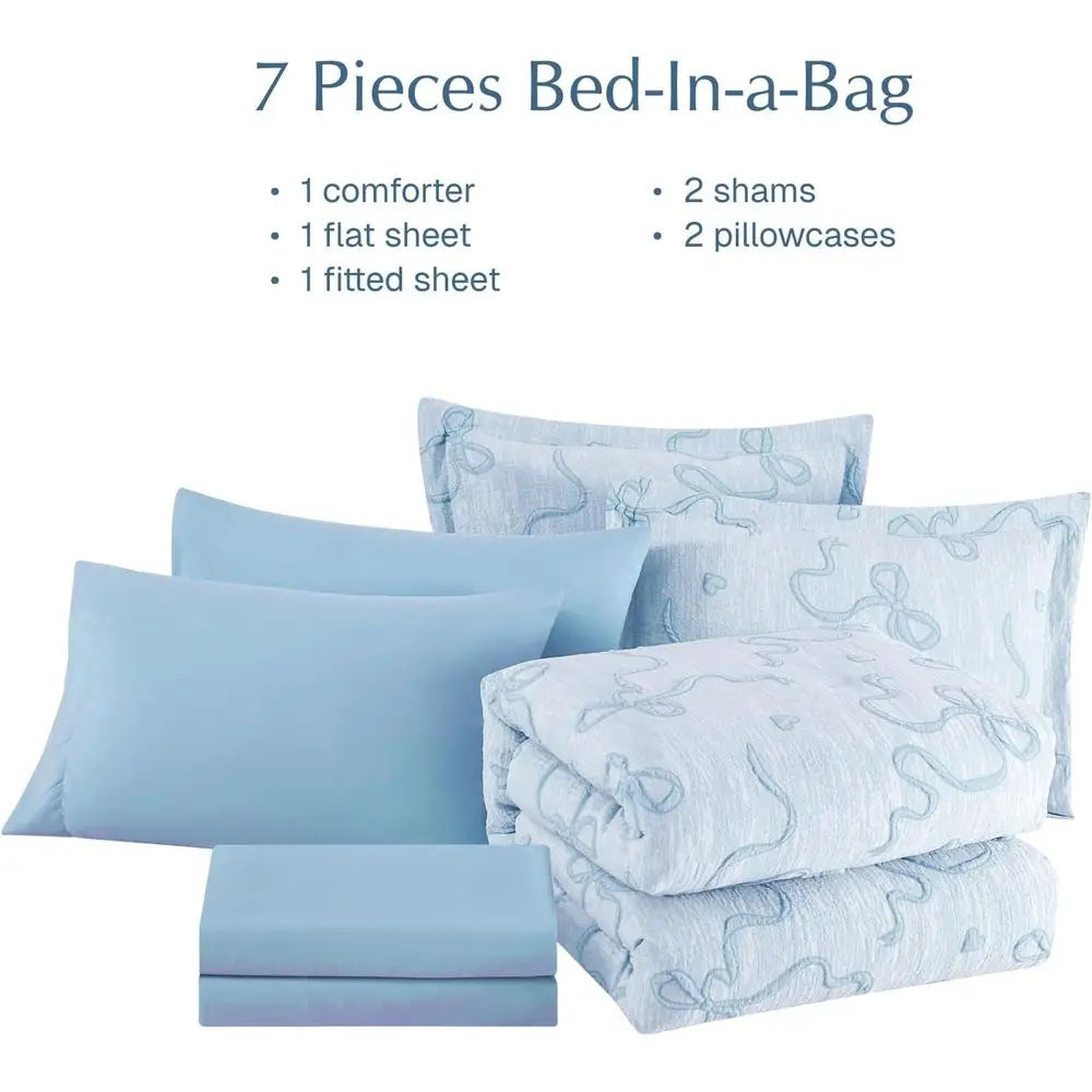 7-Piece Bowknot Bedding Set for Girls - Queen Size with Sheets, Pillowcases & Shams, All Season Comforter
