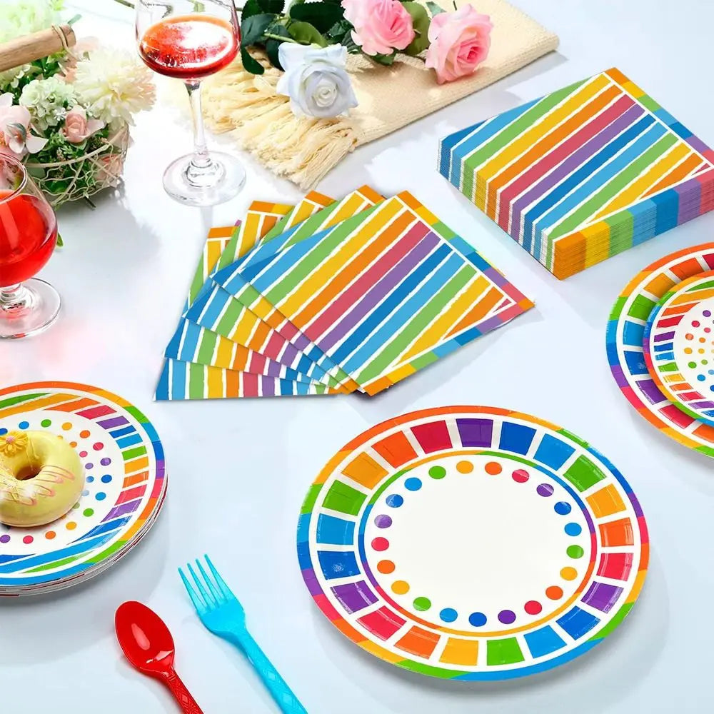 166pcs Rainbow Birthday Party Decorations 20 Guests Colorful Party Tableware Set, Rainbow Party Plates Napkins Cups Balloons Ban