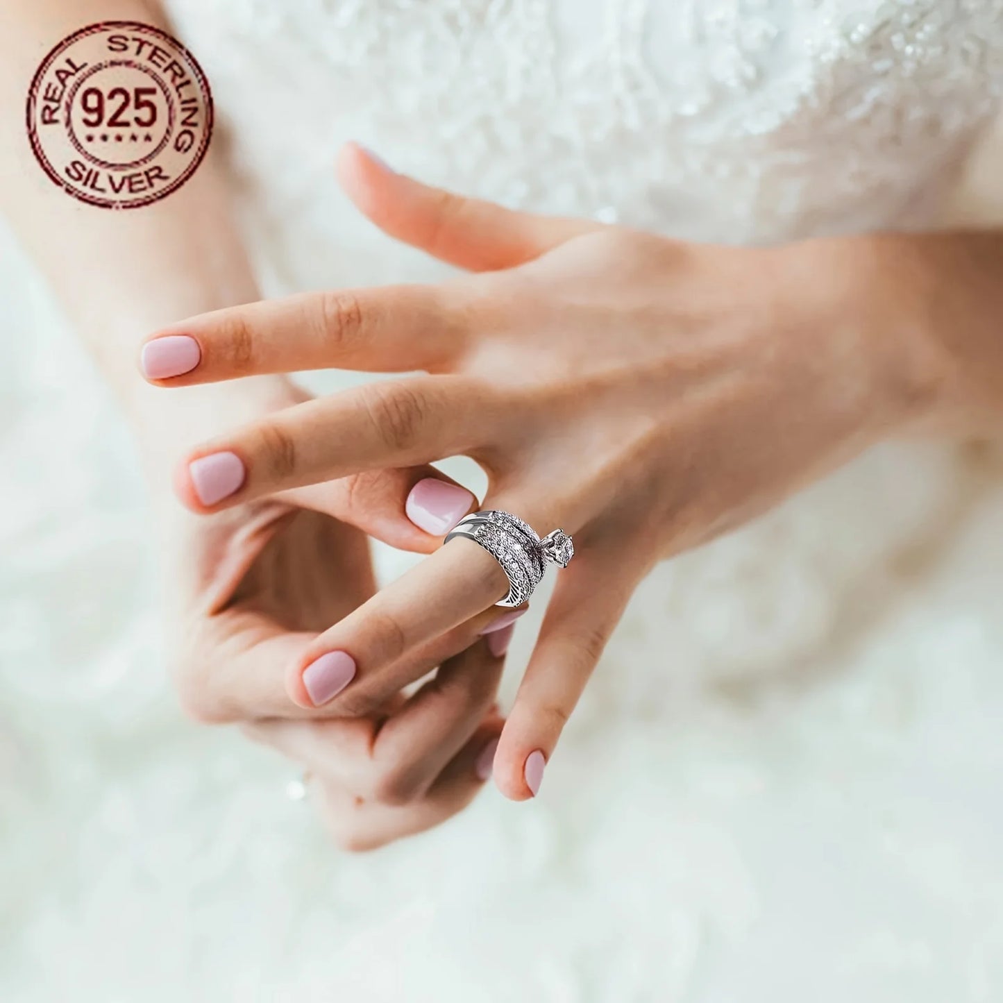 Luxurious 925 Silver Rings Set For Women 14K White Gold Plated Exquisite 5A Zircon Inlay Female Wedding Bridal Finger Ring