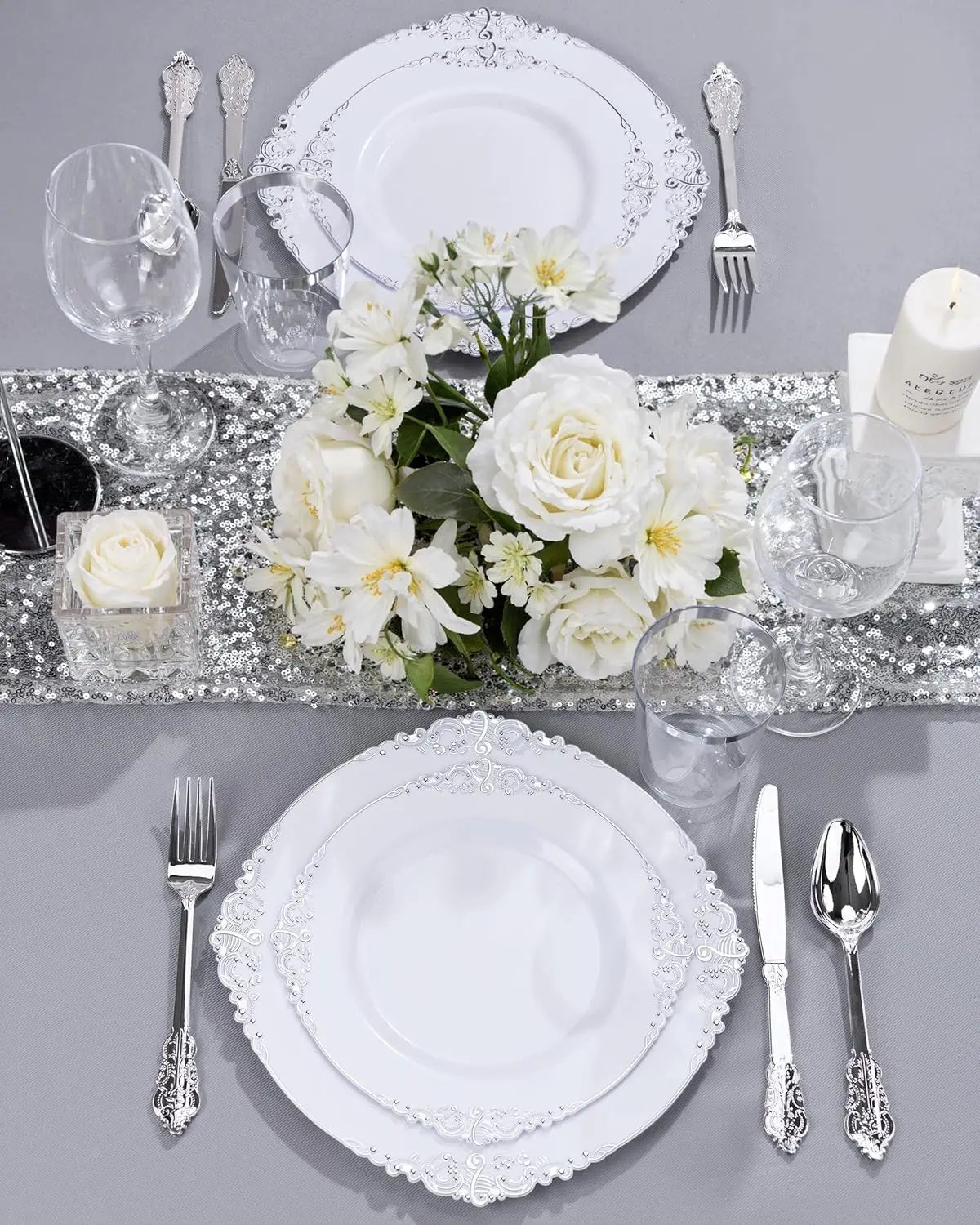 175PCS Silver Plastic Plates Set for 25 Guests, Includes Plates, Cups, Utensils & Napkins for Wedding & Party