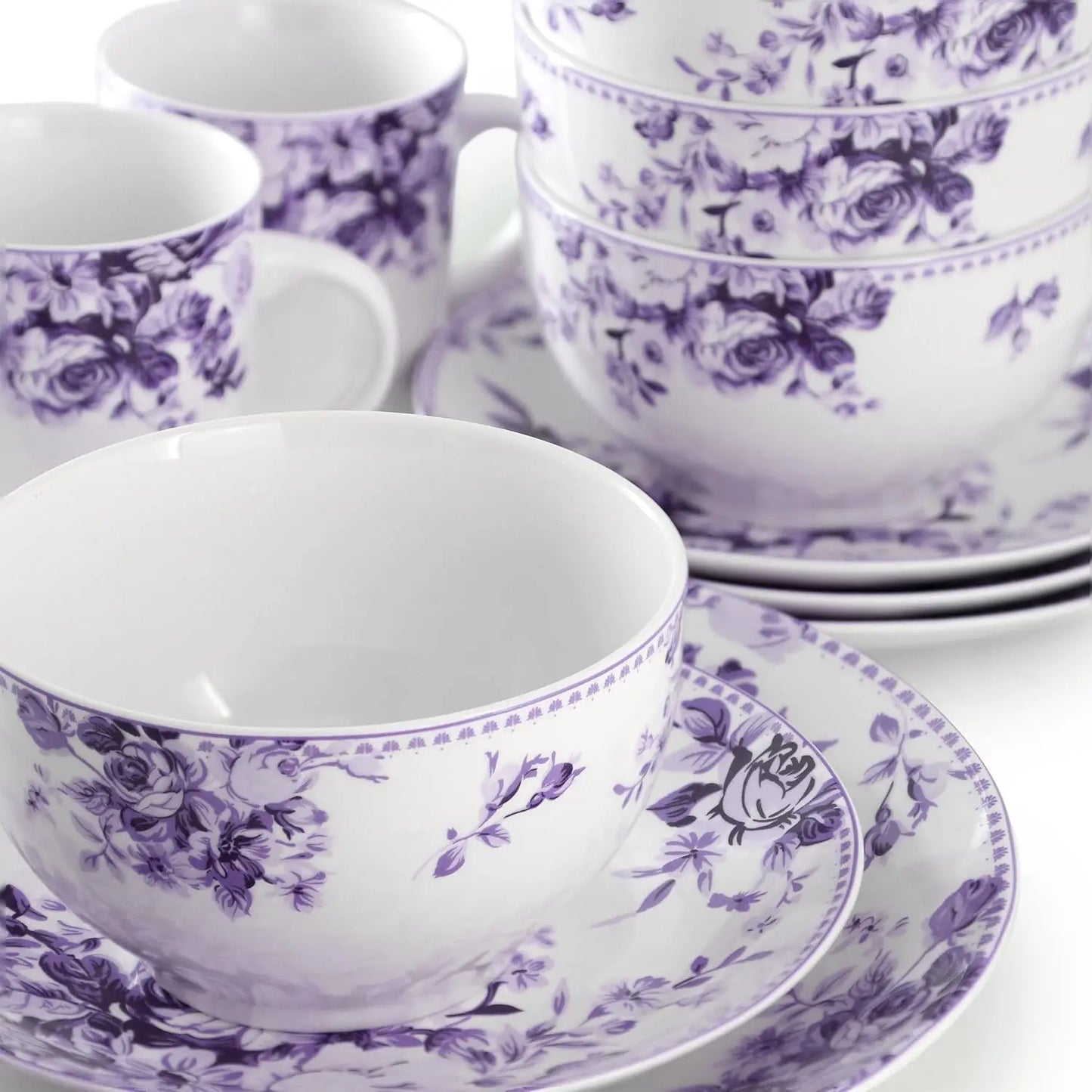 16-Piece Purple Stone Dinnerware Set for 4, Traditional Rose Design