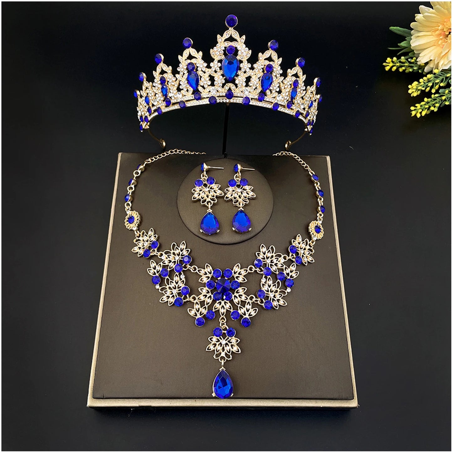 3-Pack Wedding Tiara Necklace Earrings Tiara Earrings Necklace Crystal Headband Dangle Earrings and Rings Sets for Bridesmaid