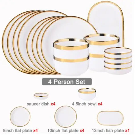 Nordic Style Gold Inlay Bright White Porcelain Dinner Sets Ceramic Bowl Dish Plates Set Porcelain Dinnerware For Household Hotel