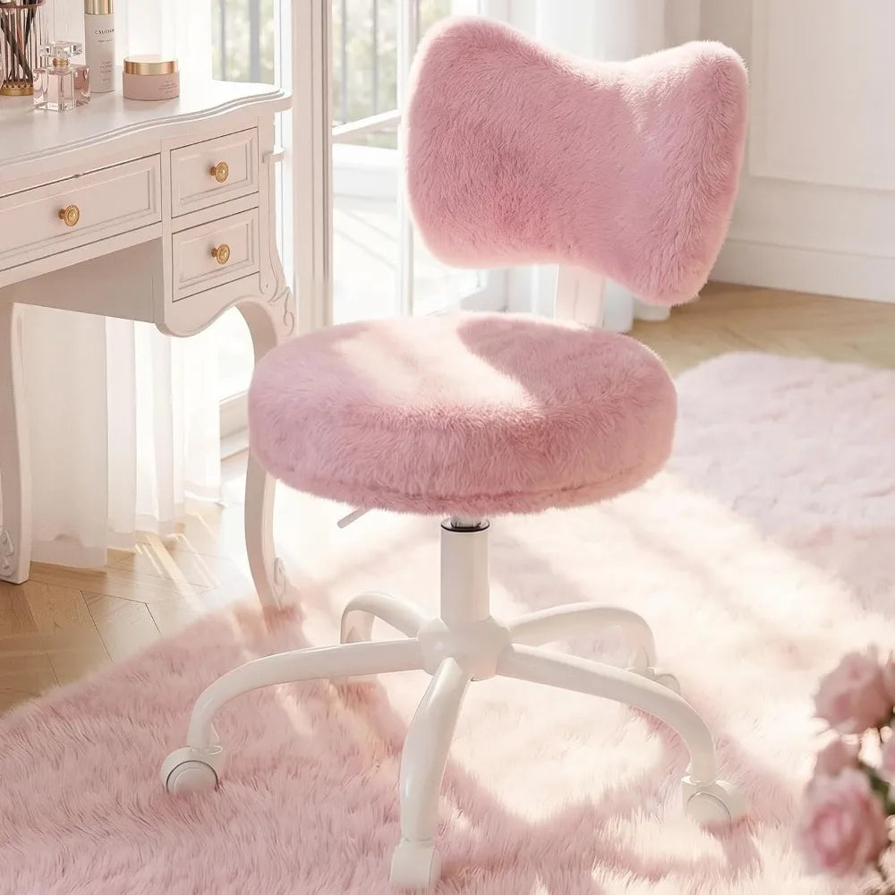Pink Vanity Chair with Wheels, Cute Bow Backrest, Fluffy Faux Fur, Height Adjustable for Makeup Room, Bedroom, Office
