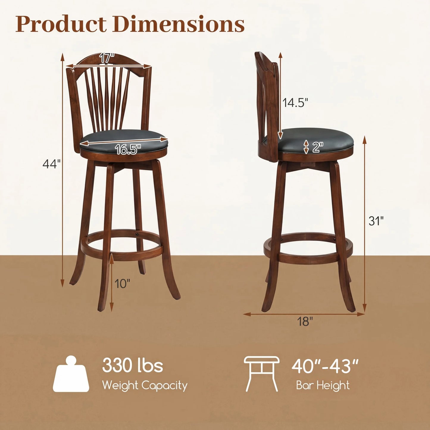 Swivel Bar Stools Set of 2, 31” Bar Height Barstools w/ Backrests & Wood Frame
