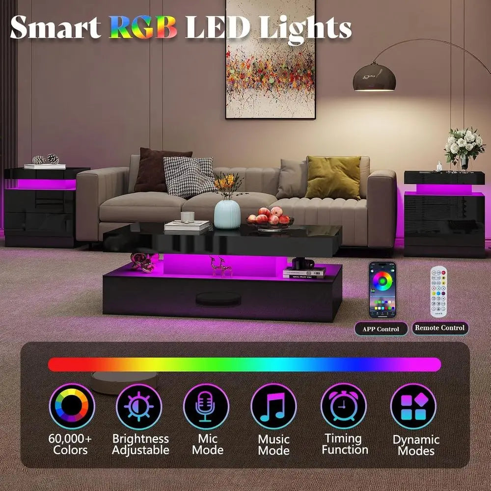 Modern 3-Piece Glossy Living Room Table Set: LED Coffee Table & 2 Charging Nightstands, Black