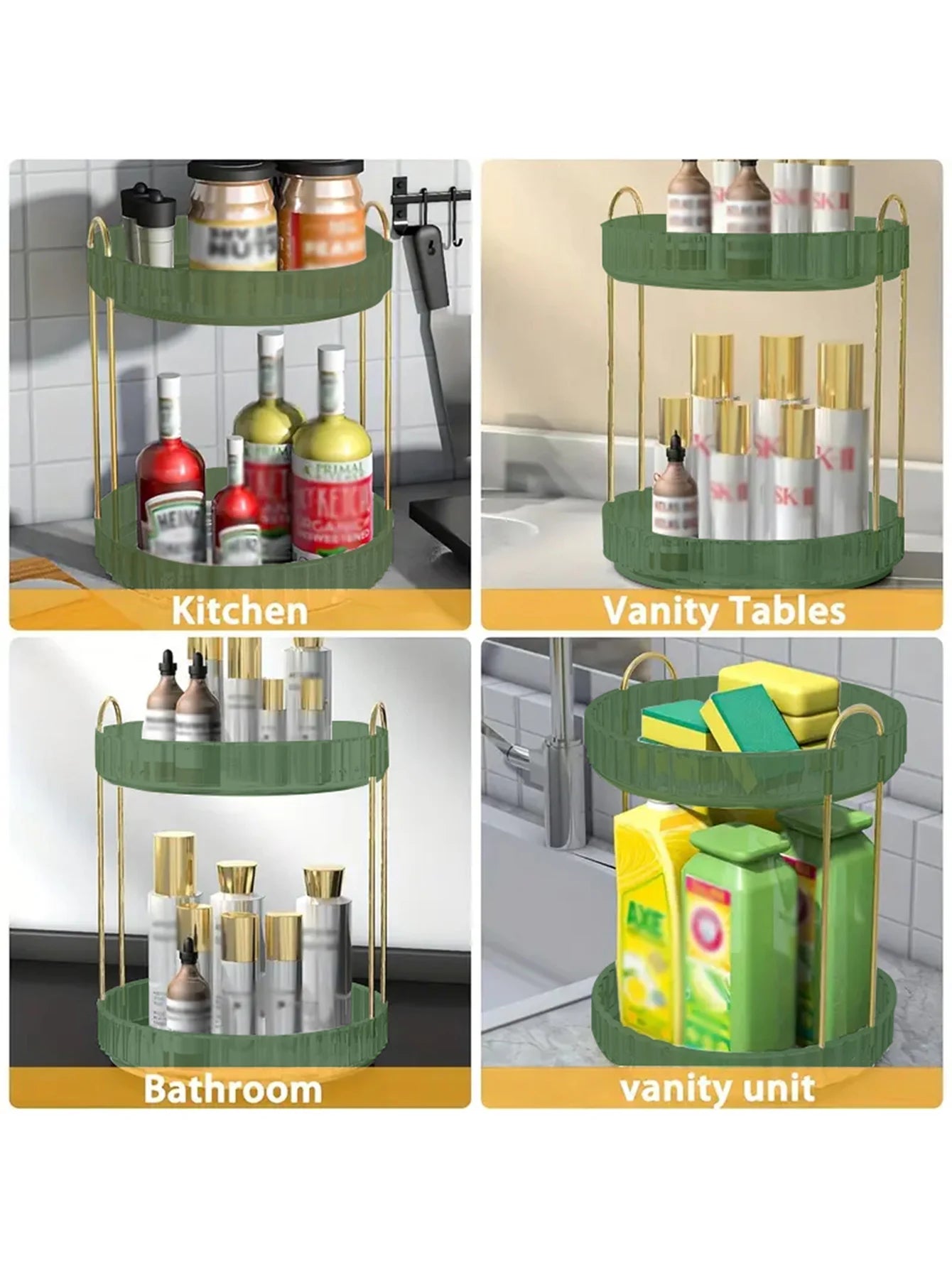 Green large capacity bathroom rotating storage rack, countertop makeup rack, suitable for placing skincare and household items.