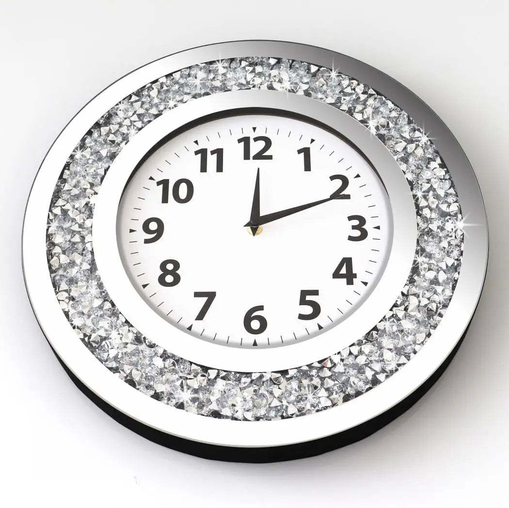 16x16 Inch Silver Crystal Diamond Mirror Wall Clock, Silent Quartz Movement, Modern Home Decor