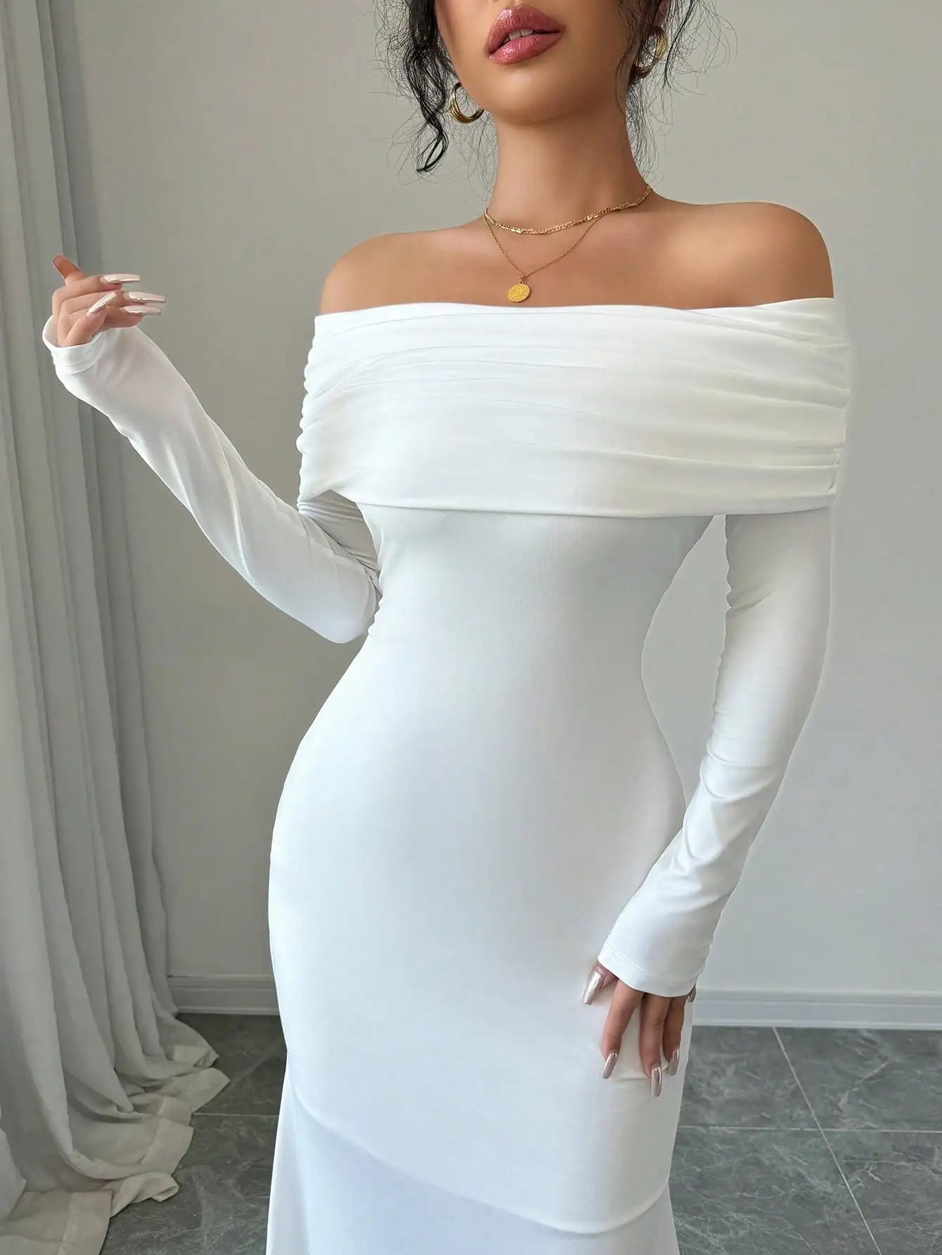 Sleeve Cinched Waist Double Layer Off-Shoulder Backless Twist Fishtail Hem Ribbed Knit Dress
