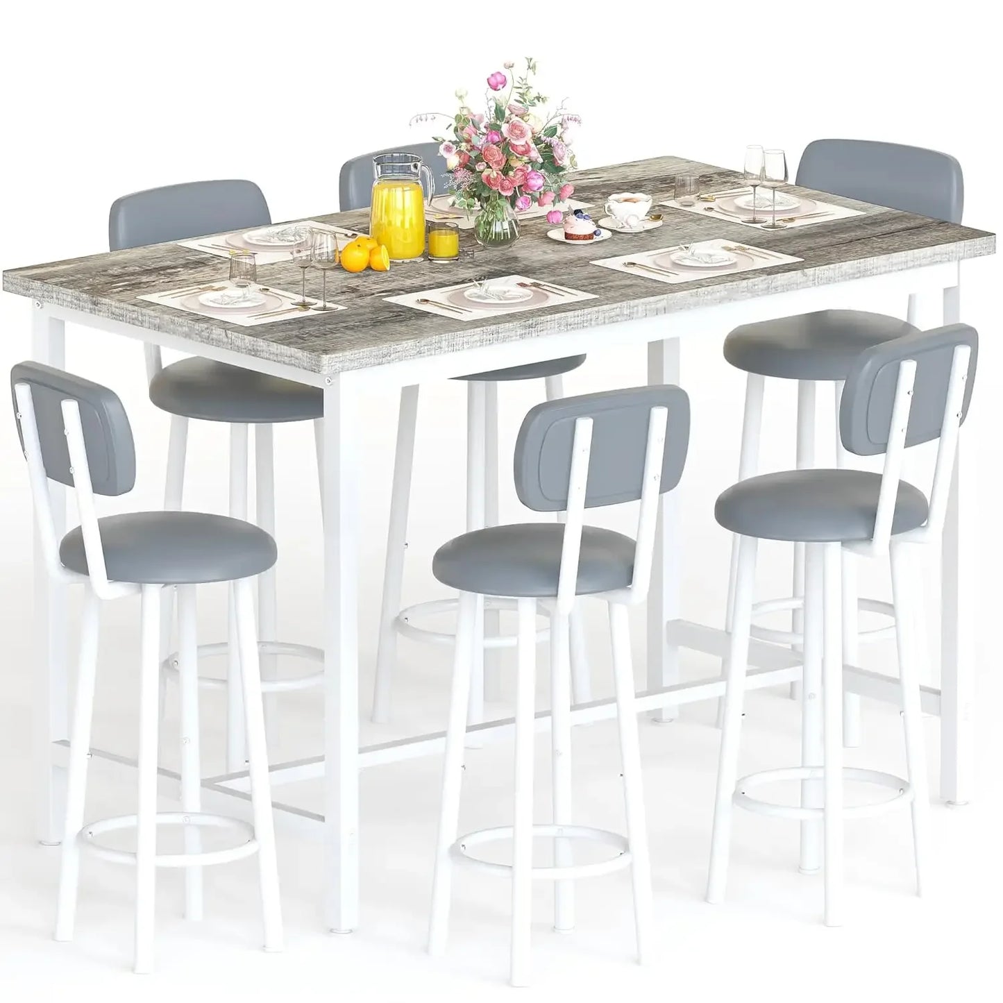 50" Dining Table Set for 6, 7-Piece Counter Height Bar Table Set with Upholstered Stools, Space-Saving Modern Pub Set