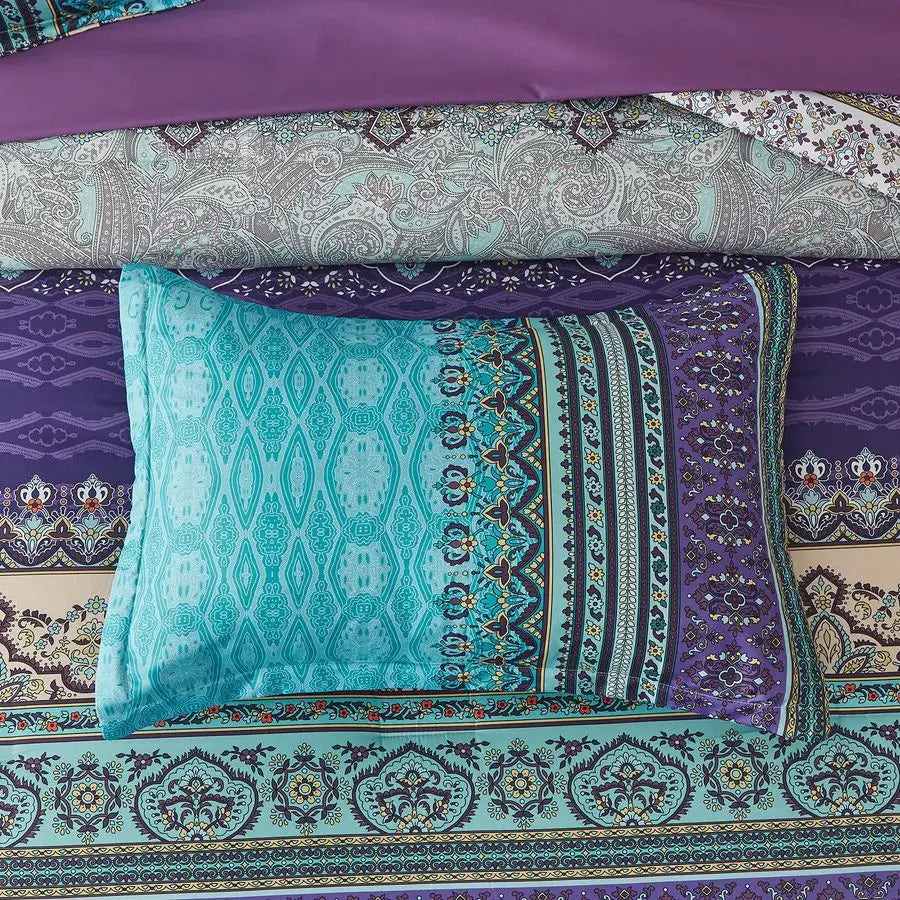 Boho Comforter Set Queen Size 8 Piece Bed in a Bag Bohemian Striped Bedding Quilt Set Aqua Paisley Floral Comforter and Sheet Se