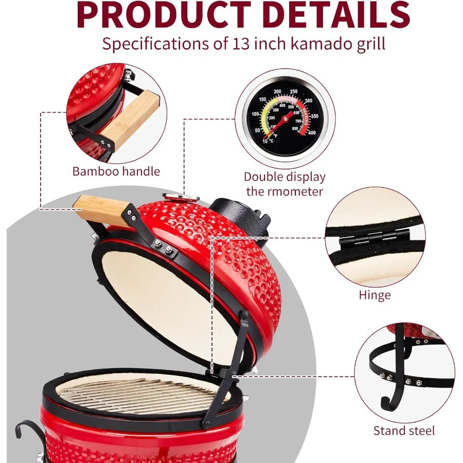 13 Round Kamado Charcoal Grill Portable Ceramic Barbecue Grill with Built-in Thermometer for Versatile Cooking Methods Includin