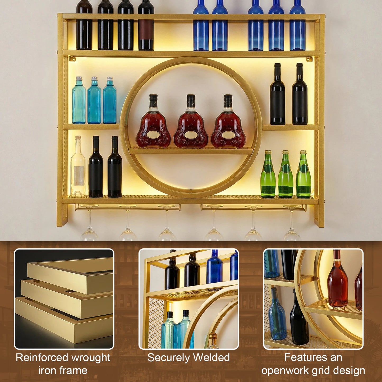 Large Capacity Modern Liquor Shelves Metal Wall Mounted Wine Rack 3 Tier with LED Light with Wine Glass Holder for Home Cellar