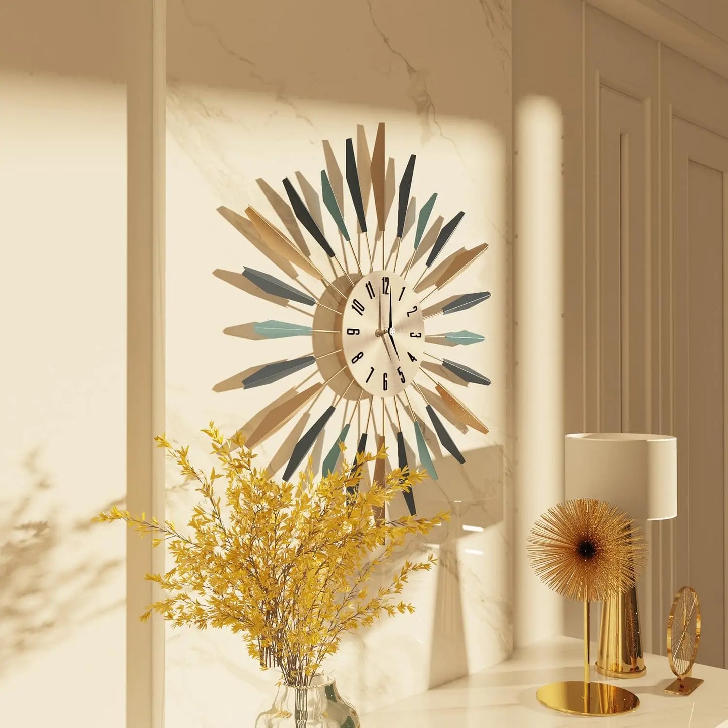 Large Wall Clock Metal Decorative, Mid Century Silent Non-Ticking Big Clocks, Modern Home Decorations for Living Room,Bedroom,Di