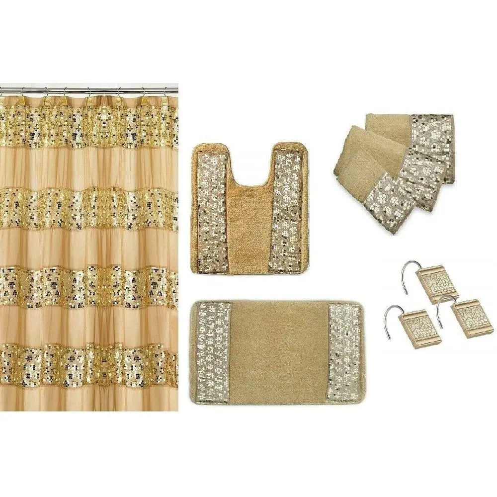 Sinatra Sequins Shower Curtain, Resin Hooks, Towels and Rugs Set, Champagne Gold
