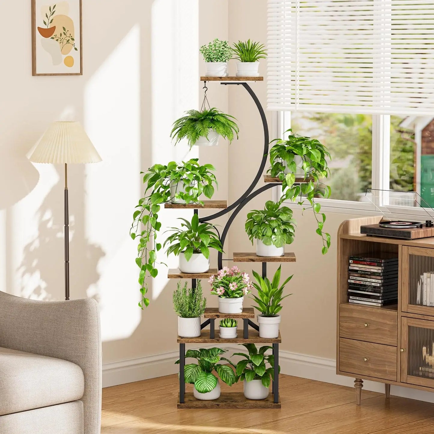 Indoor Plant Stand with Grow Lights 62 Inch Tall, 8 Tier Lighted Corner Shelf for Indoor Plants, Large Flower Holder Brown