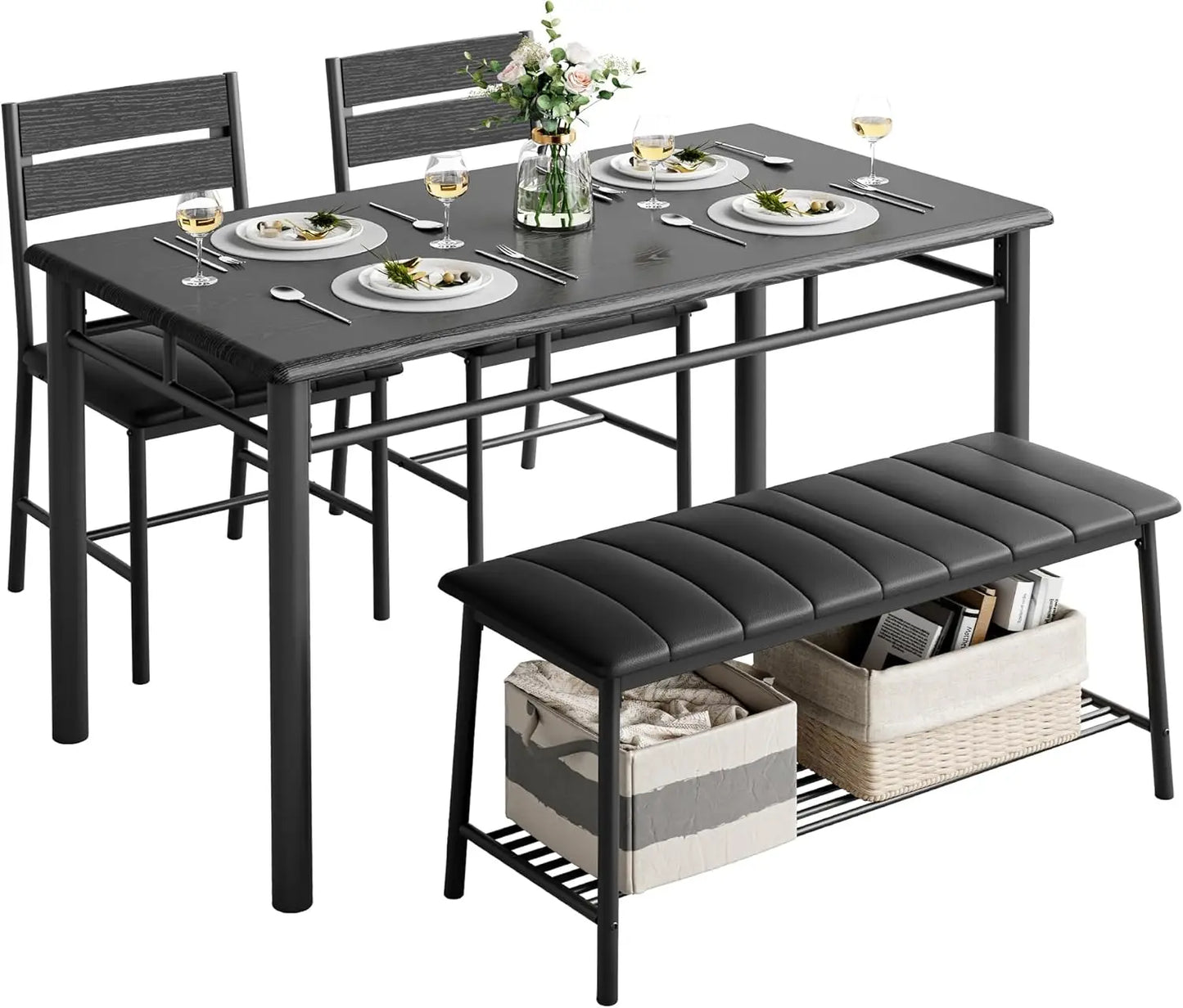 IRONCK Dining Table Set for 4, Kitchen Table and Chairs Set for Small Space, Kitchen Table with Upholstered Bench and 2 Chairs