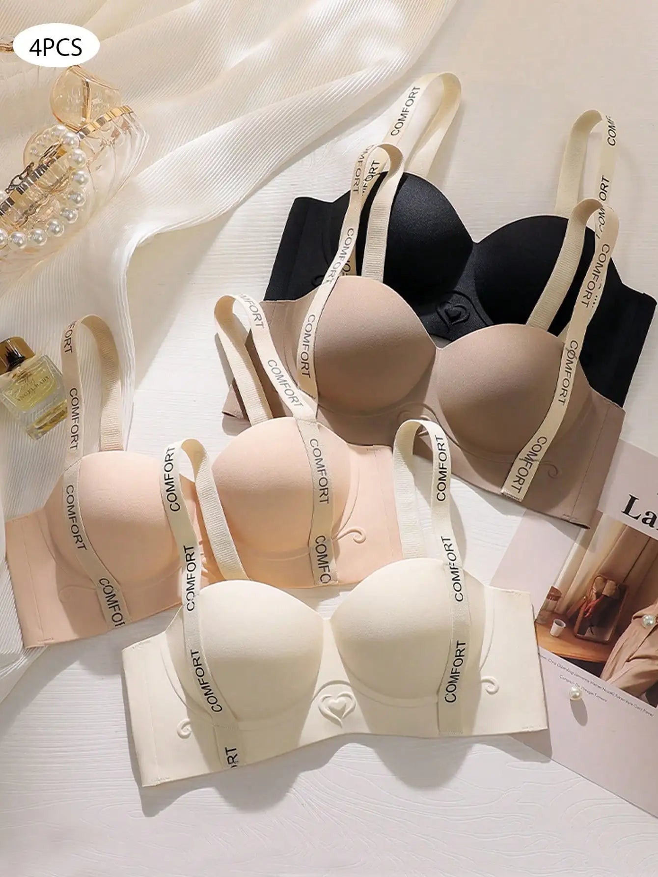 4pcs/Set Women Half-Cup Bras, Wireless Lift & Push Up Bra For Small Bust, Invisible Seamless Backless