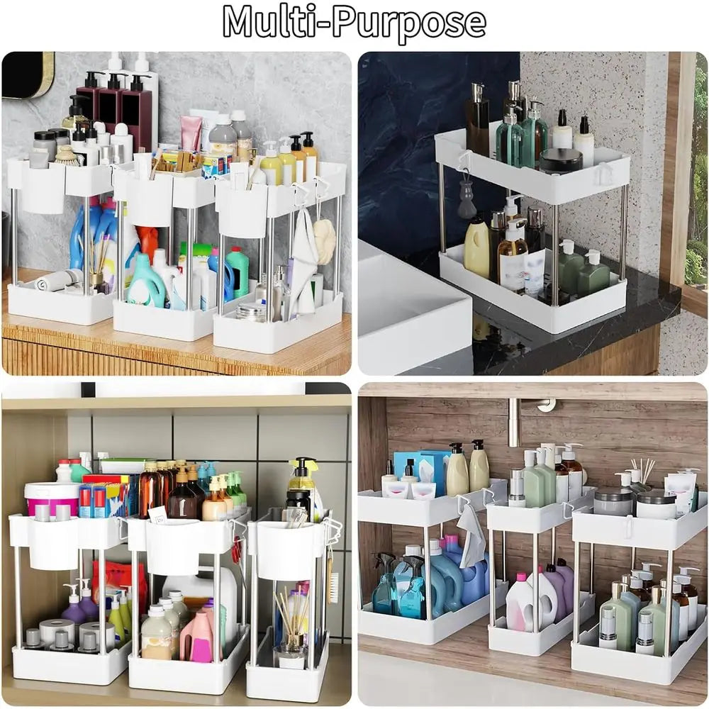 3 Pack Under Sink Organizers, 2 Tier Bathroom Cabinet Organizer with Hanging Cups, Kitchen & Bathroom Storage (White)