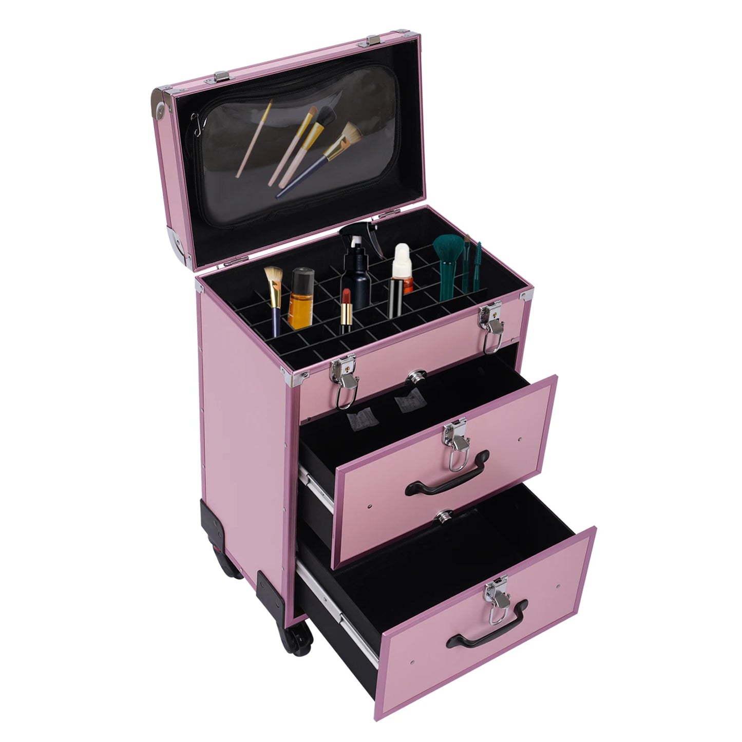 Professional Makeup Rolling Train Case, 3-Layer Portable Cosmetics Organizer with 50 Compartments & Wheels - 110LBS Capacity