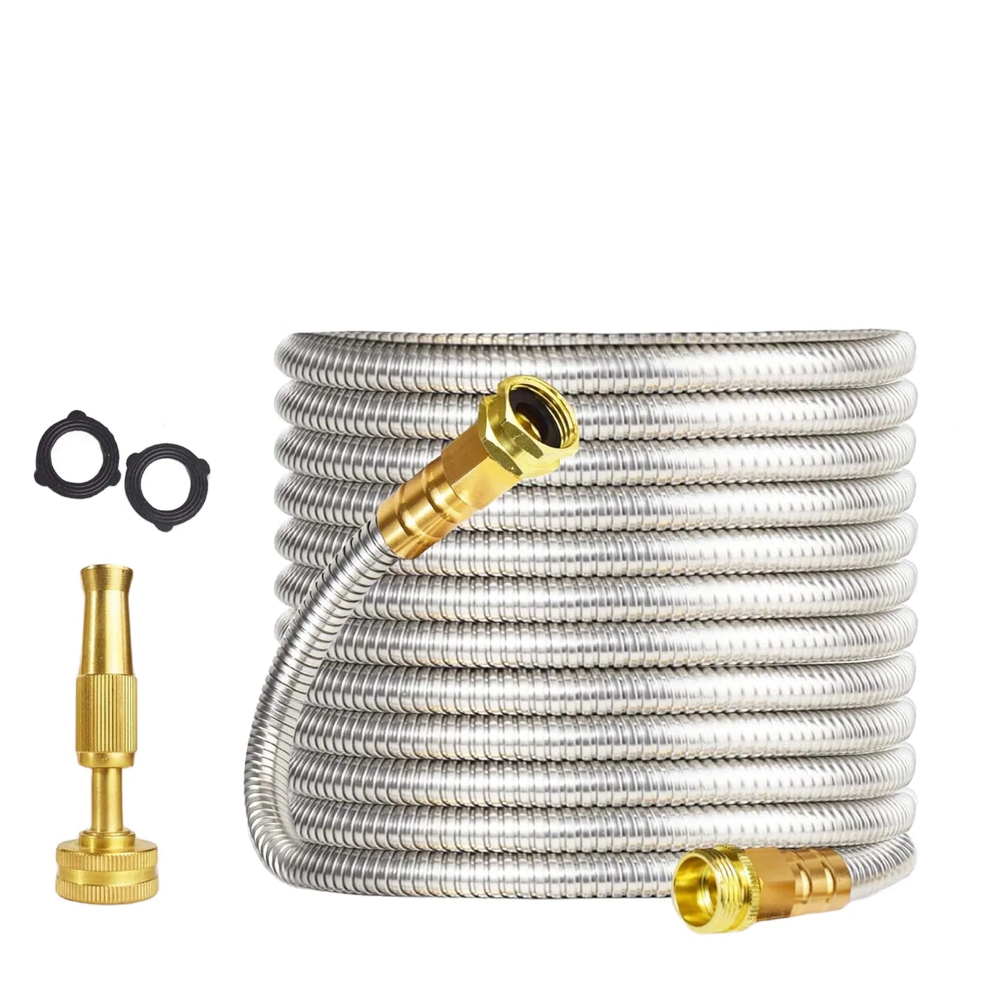 Heavy Duty Stainless Steel Garden Hose – Flexible Metal Water Hose – Kink Proof & Anti-Kink – Adjustable Brass Nozzle, Perfect for Lawn, Car Wash, Outdoor Irrigation, 25FT,50FT,75FT,100FT