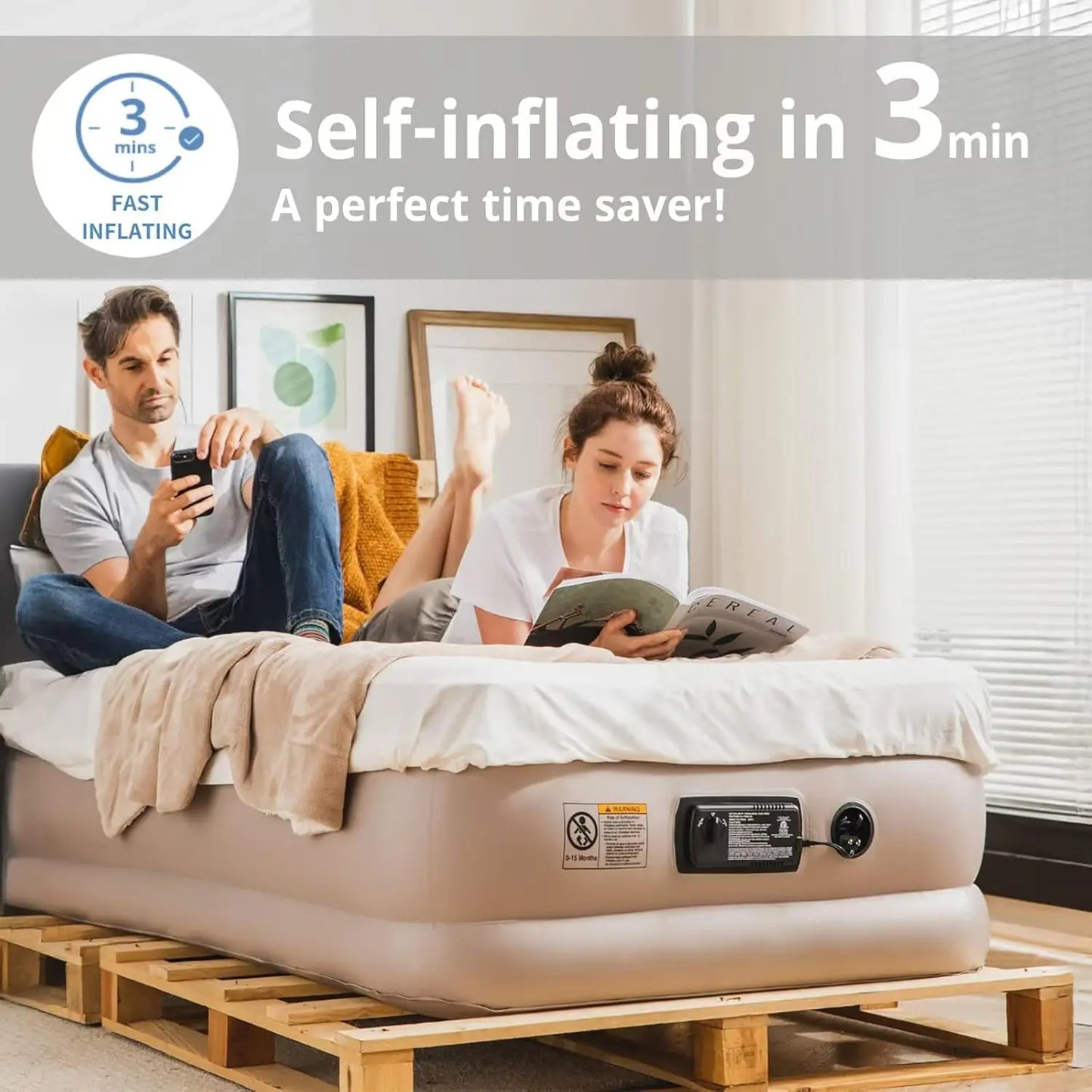 18' Raised Twin Inflatable Air Mattrwith Built-in AC Pump, Fast Self-Inflating Blow Up Air Bed with