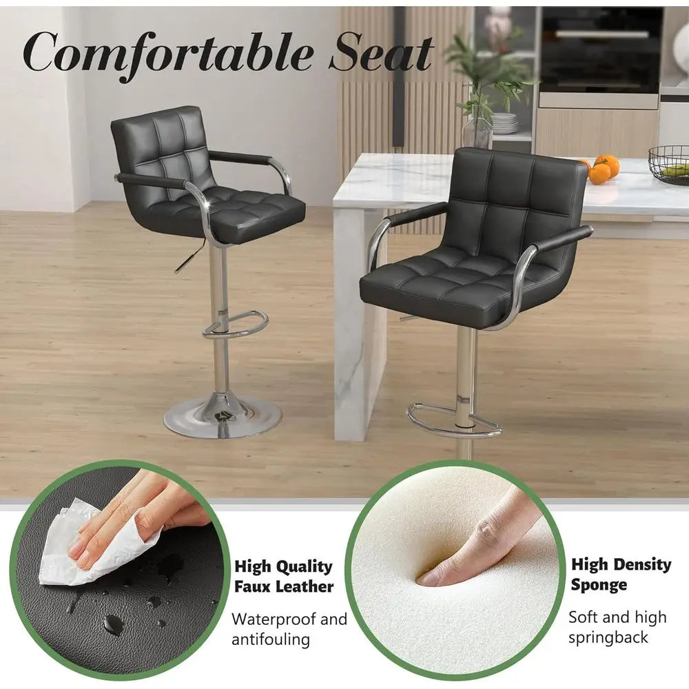 Set of 4 Adjustable Swivel Bar Stools, Square Counter Height Chairs with Arms, Large Base for Kitchen Island (Black)