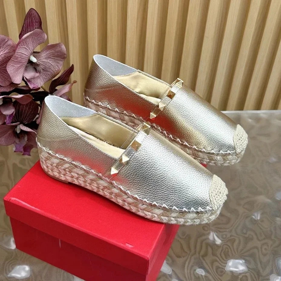 mew Top Quality 2025 New Genuine Leather Rivet Platform Loafers Shoes Shallow Espadrilles Fisherman Shoes De Mujer