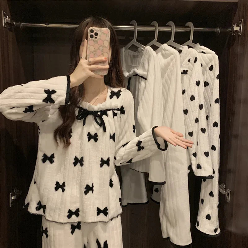 Women's Thickened Coral Fleece Pajamas Long Sleeve Long Pants Autumn Winter Home Clothes Comfortable Breathable Sleepwear