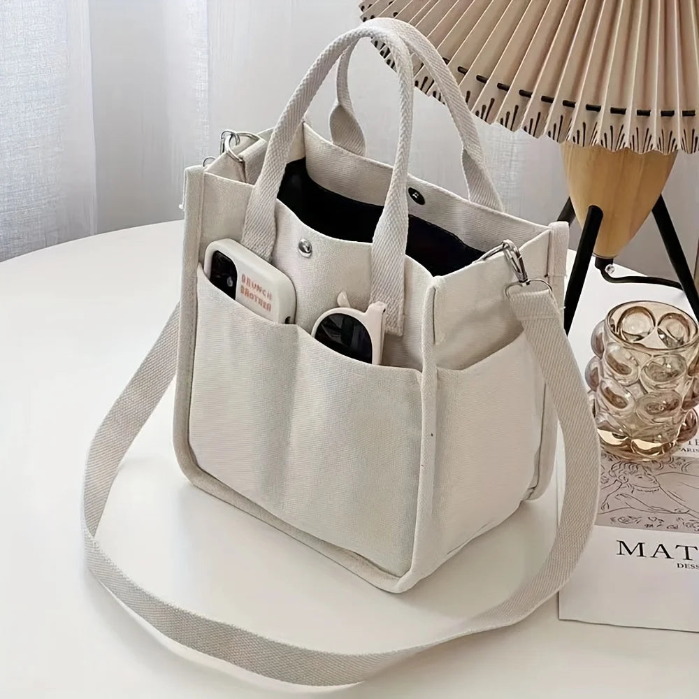 Small Canvas Tote Bag with Pockets Crossbody Bags for Women Cute Shoulder Purse Handbags Lunch Bag for Office Work