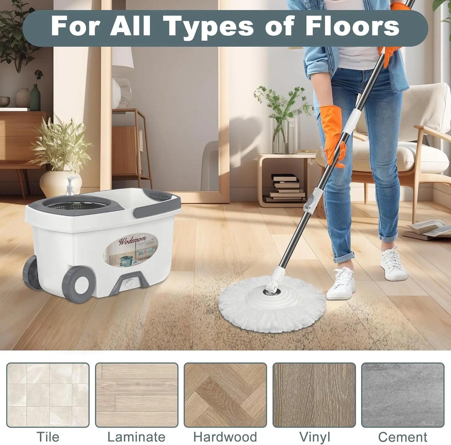 Spin Mop and Bucket Set with Wringer, 6 Refills, 61" Handle for Easy Floor Cleaning - White