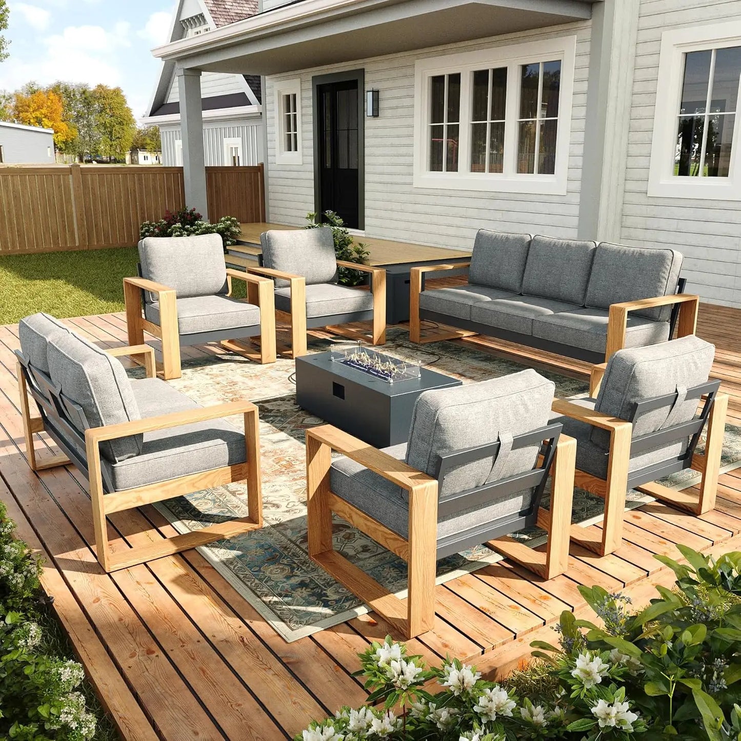 Outdoor Patio Furniture Set, 7-Piece Modern Sectional Conversation Sets with Fire Pit Table, Wide Seat and Thick Cushions