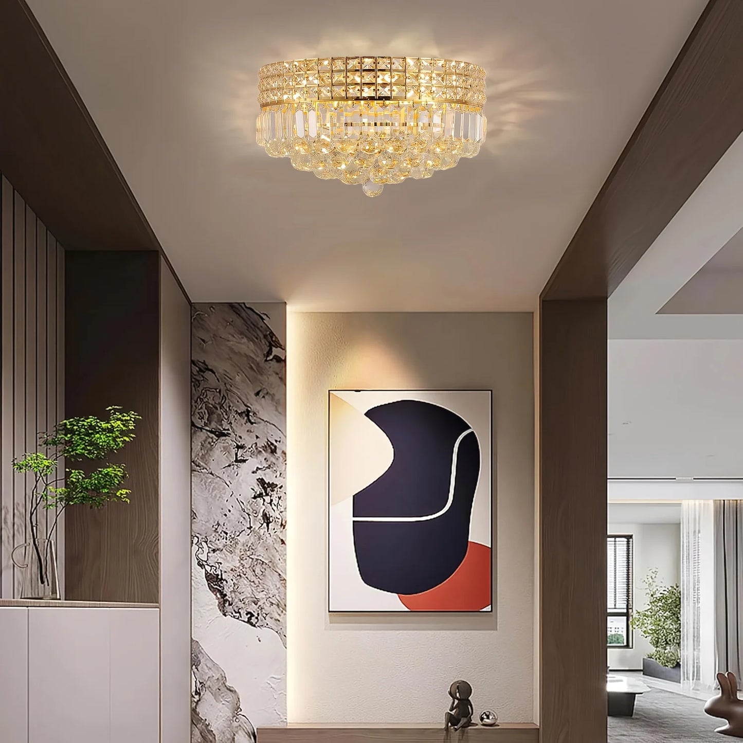 Gold Hallway Crystal Ceiling Light, Round Flush Mount Modern Crystal Ceiling Light for wardrobe/bathroom/hall/bedroom