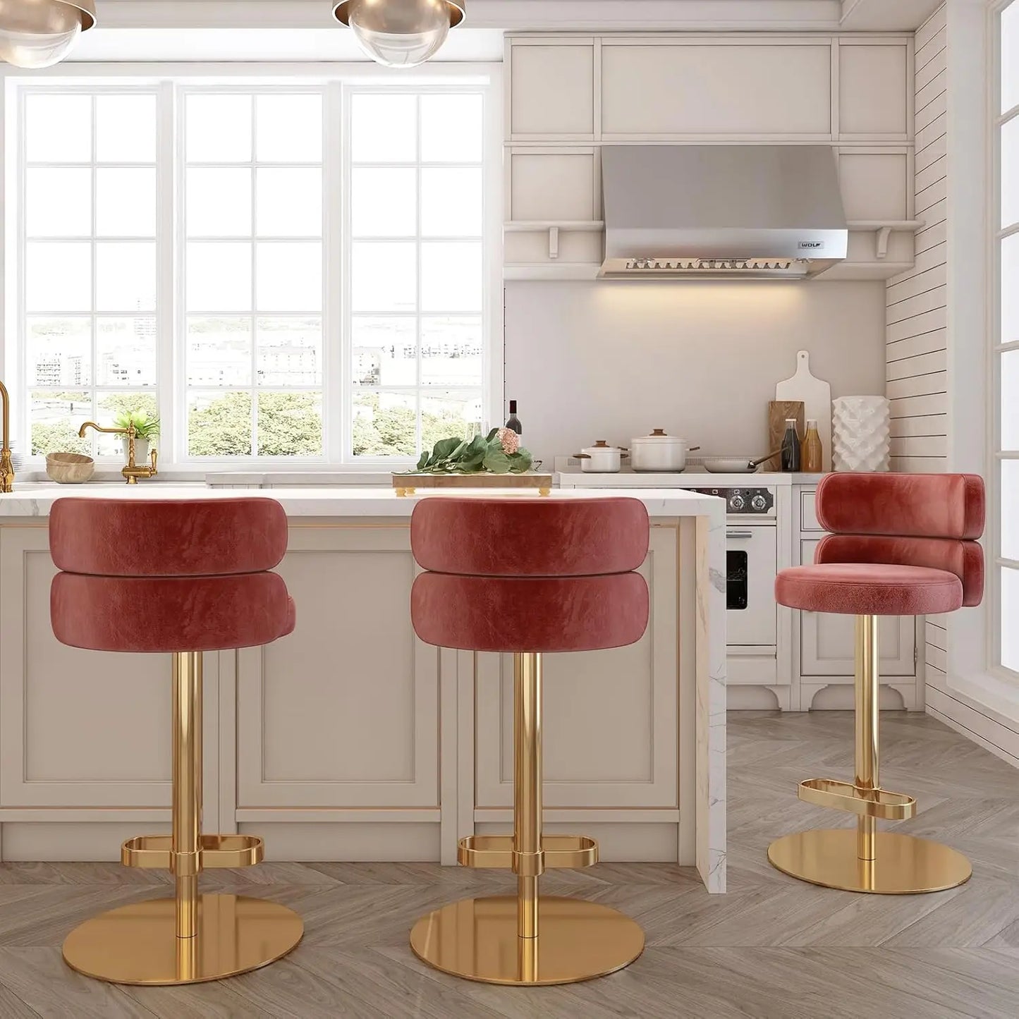Modern Single Velvet Upholstered Counter Stool with Gold Metal Leg and Foot Rest Premium Flannel Comfortable, Customized