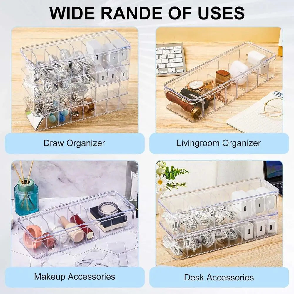 4 Pcs Cable Organizer Box with Wire Ties, Plastic Cord Storage Box with Lid, Clear Organizers for Home Office Desk and Accessori