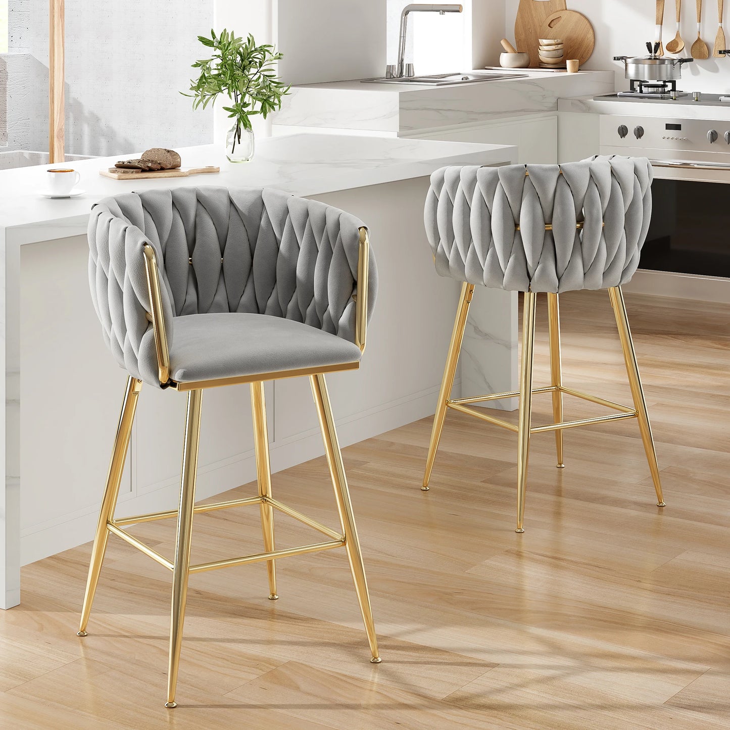 Farini Set of 2 26" Bar Stools, Modern Mid-Century Kitchen Stools with Back, Metal Legs, for Kitchen, Dining Room