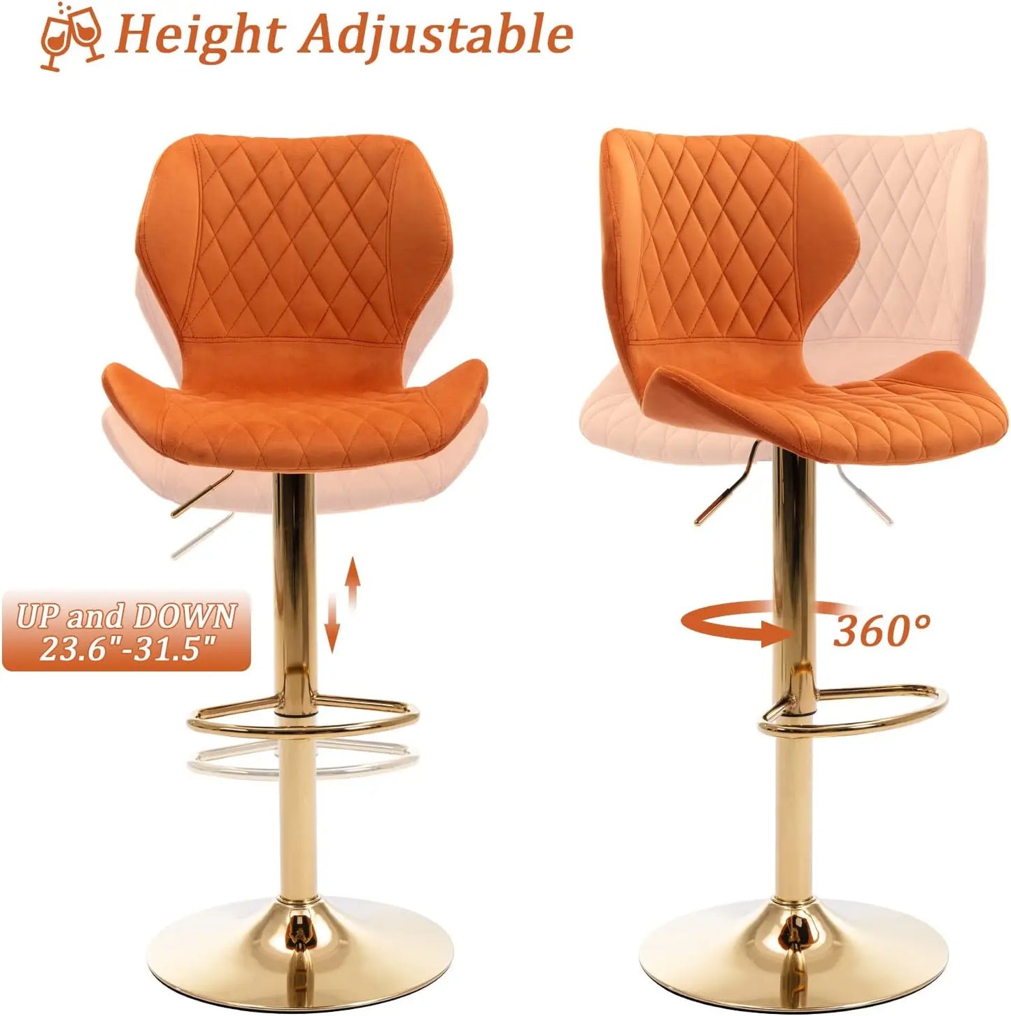 Swivel Adjustable Bar Stools Set of 2 Modern Gold Counter Height Bar Chairs for Kitchen Island Velvet Tall Barstools with Bac