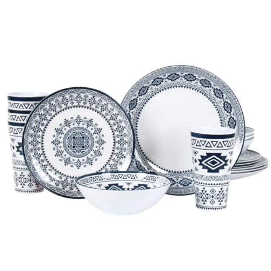 Melamine Dinnerware Set for 4-16 Pcs:Camping Dishes Set with Dinner PlatesSalad Plates Cups and Bowls.Lightweight and Unbreakab