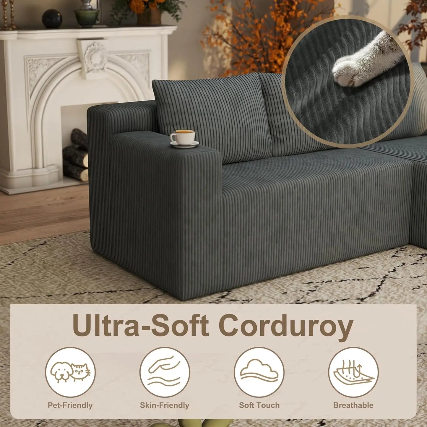 Boneless Couch with L Shaped Chaise, Sectional Cloud Sofa with High Backrest, Corduroy Memory Foam Couch, No Assembly Cloud