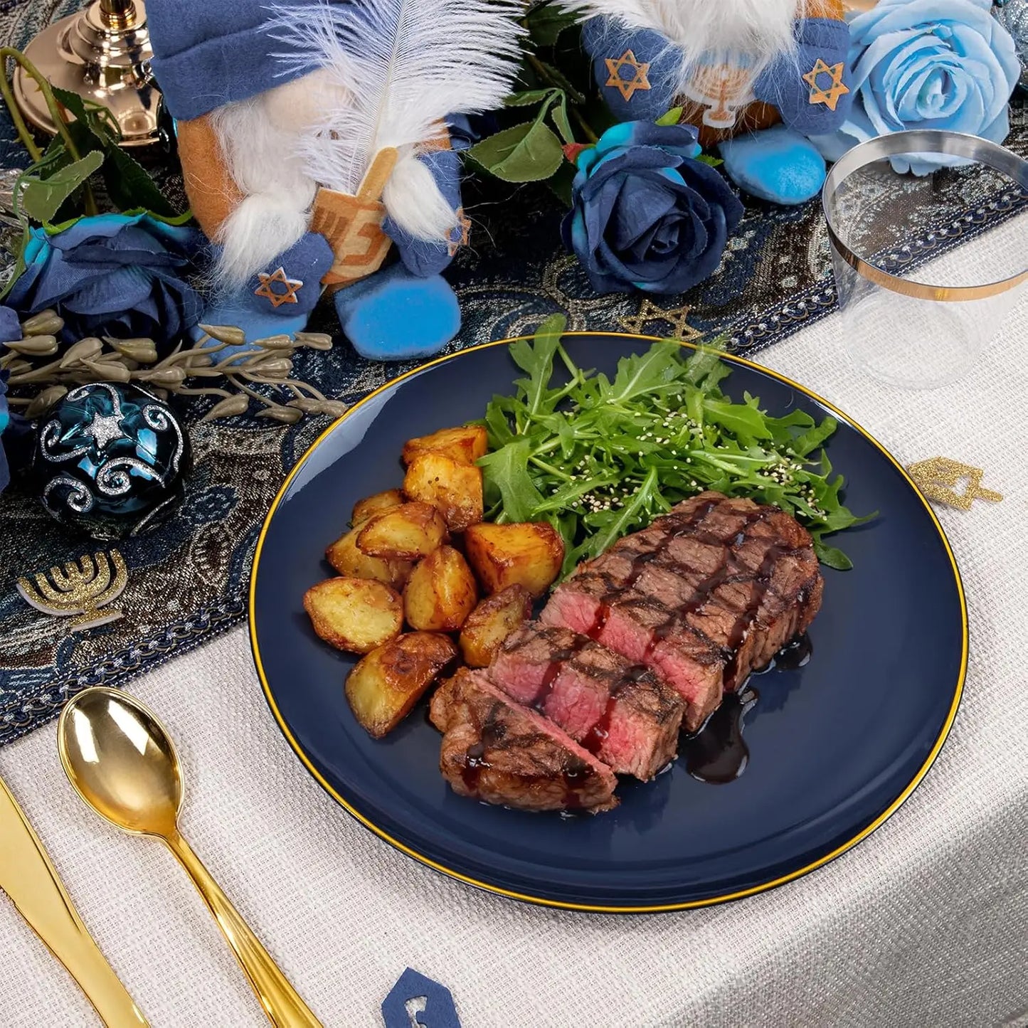 Navy Blue Disposable Plates Set for 50 Guests - Heavy Duty Plastic Dinnerware with Gold Rim for Party/Wedding/Birthday