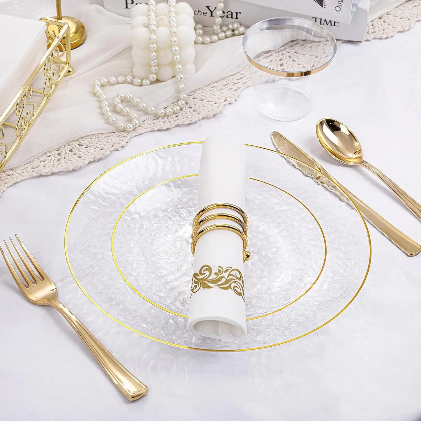 175 Pcs Clear Gold Plastic Dinnerware Set for 25 Guests, Hammered Party Plates with Cutlery and Napkins