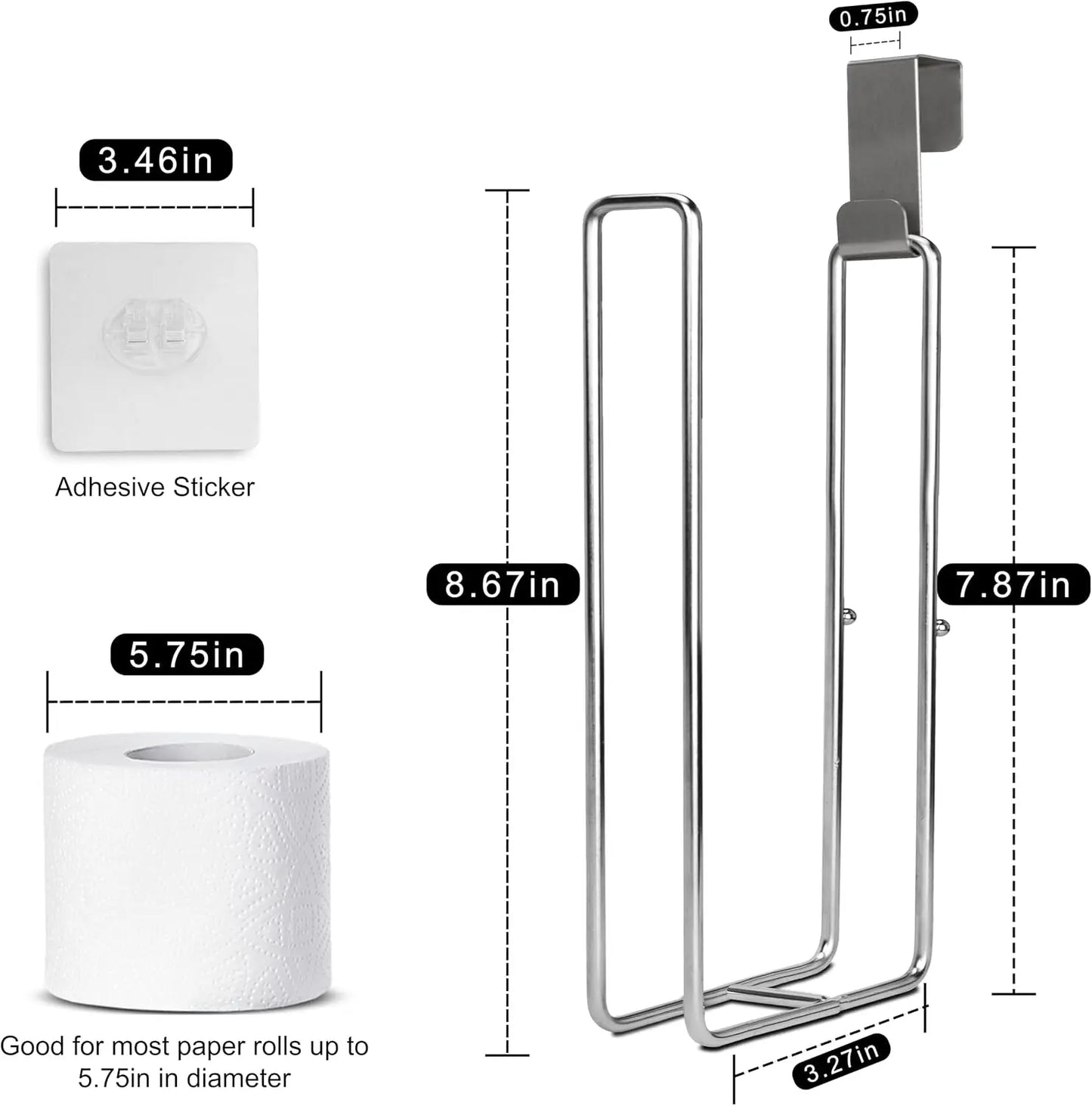 Bathroom Toilet Paper Holder with Storage, Wall Mount or Over Tank, Holds 2 Mega Rolls, Stainless Steel, Silver