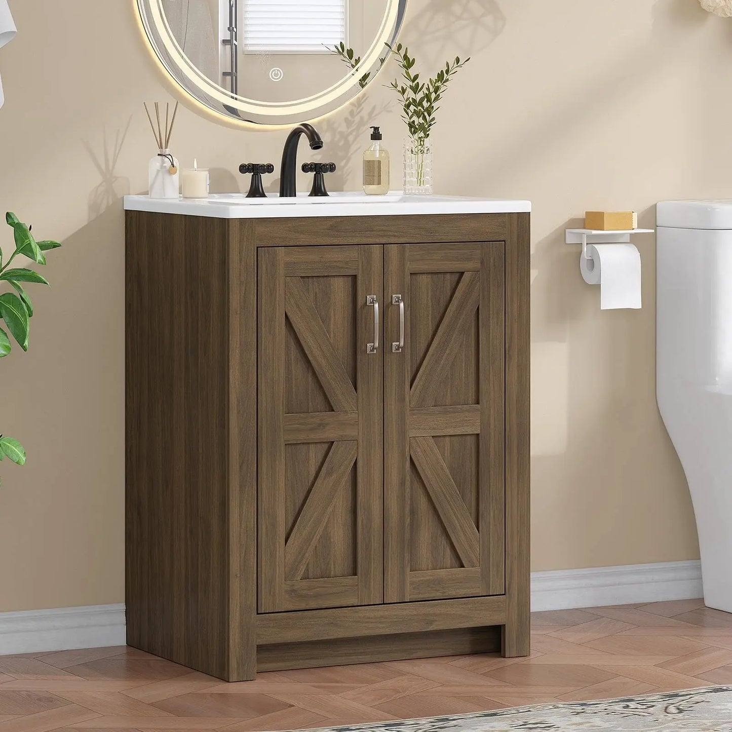 Farmhouse Bathroom Vanity with Sink, Freestanding Bathroom Vanities with Ceramic Basin & Soft-Close Door, Wood Cabinet