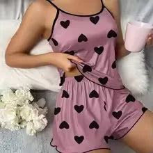 Casual Loungewear Set for Women – Heart-Print Ice Silk Tee & Shorts, Summer PJs