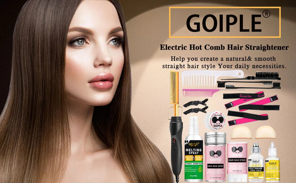 Goiple Electric Hot Comb Hair Straightenerm Curling Iron for Natural Black Hair Wigs Pressing Combs with Wig Glue Hair Wax Stick