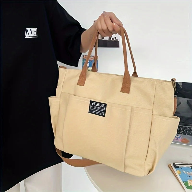 Women's Multi-Pocket Tote Bag, Vintage Canvas Shoulder Bag, Multi-functional Crossbody Bag for Daily Use