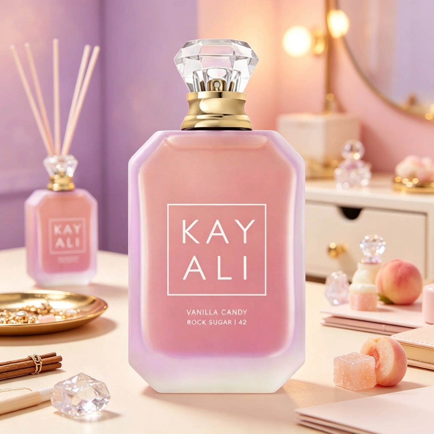 Kay Ali Pink Rose Sugar Perfume Gender Neutral Complete Lavender Pink Gift Box Matte Gradient Pink Multi-Faceted Octagonal Vessel Shiny Diamond Crystal Top Lush Soft Creamy Rose Vanilla Candy Fragrance Blogger Aesthetic Trave