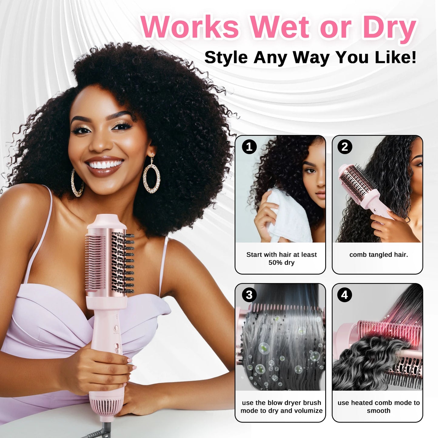 Smooth Style Heated Comb + Blow Dryer Brush,2-in-1 Hot Air Brush for One-Step Straightener Hair Dryer and Styler